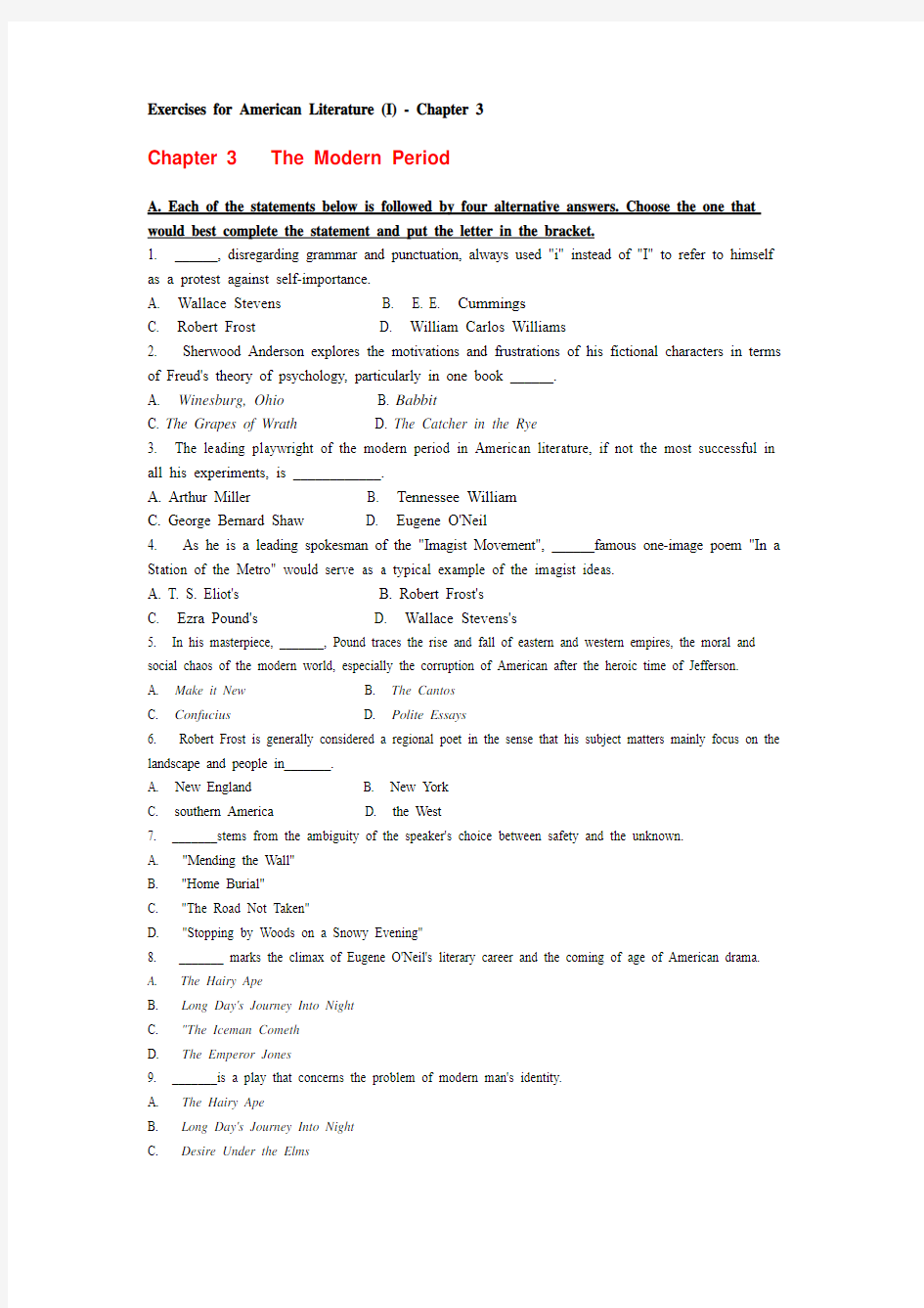 Exercises for American Literature (I) - Chapter 3(1)