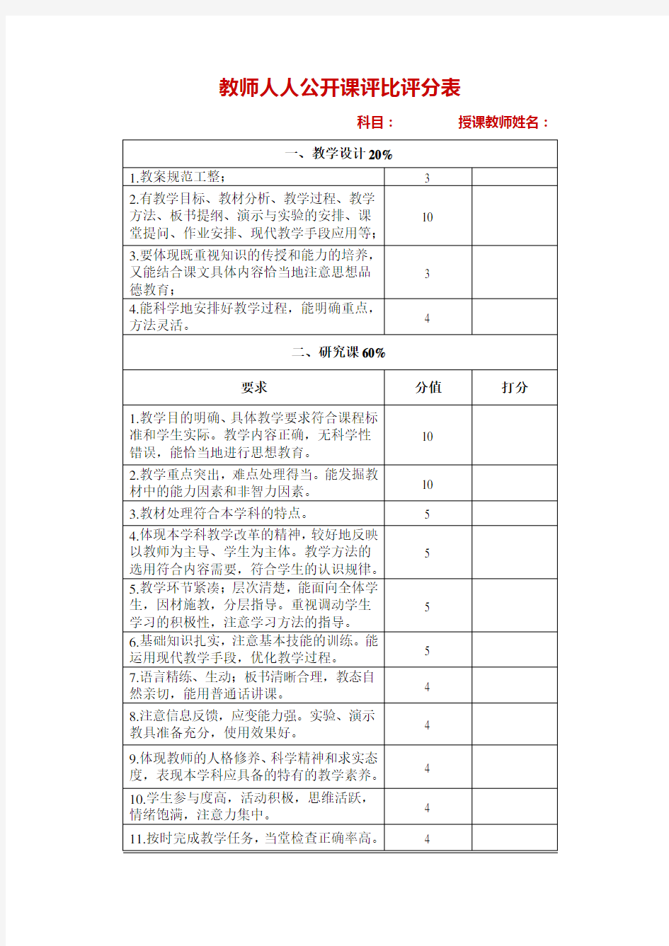 教师公开课评比评分表