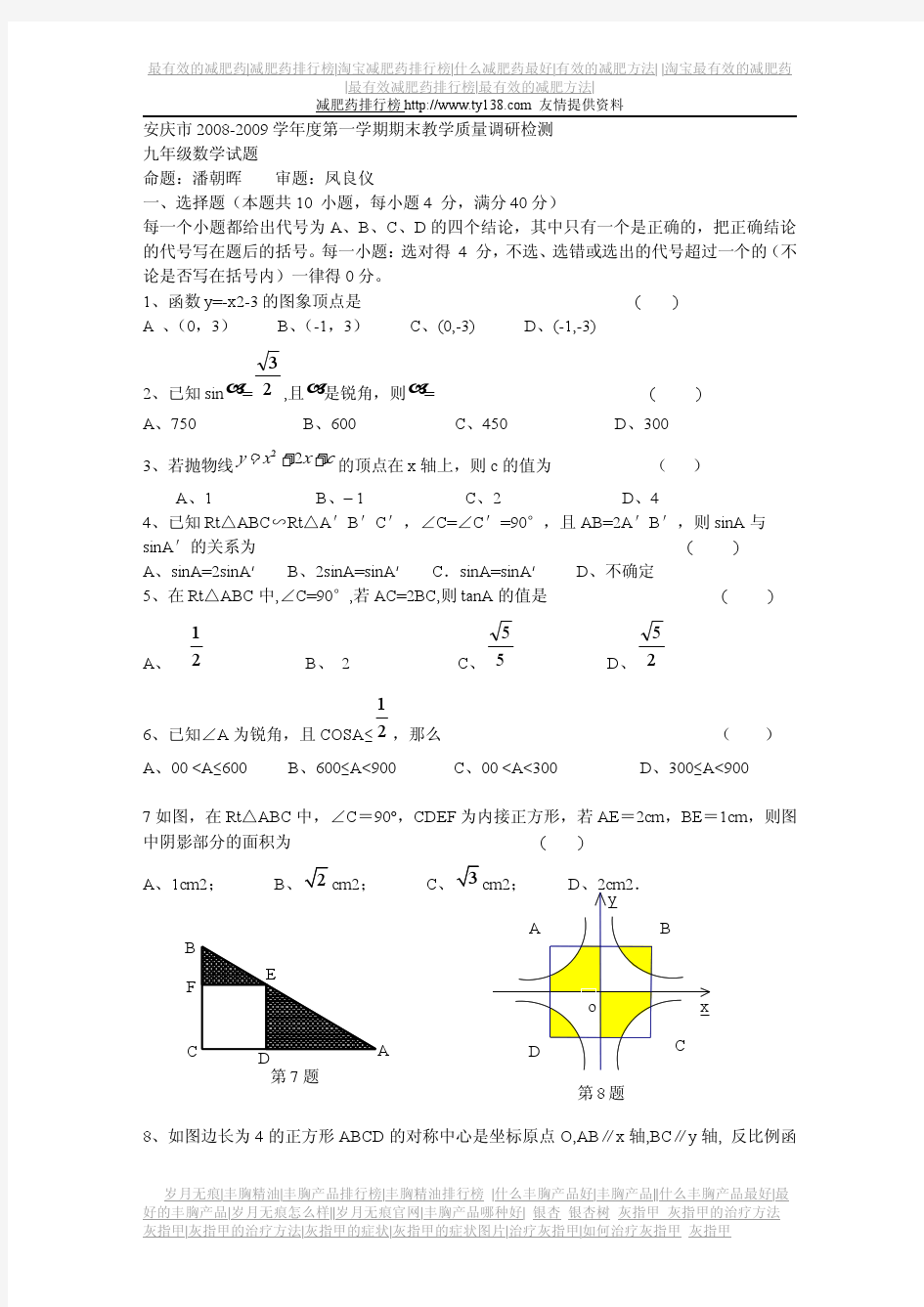 安徽省安庆市2008-2009学年度第一学期期末教学质量调研检测九年级数学试题