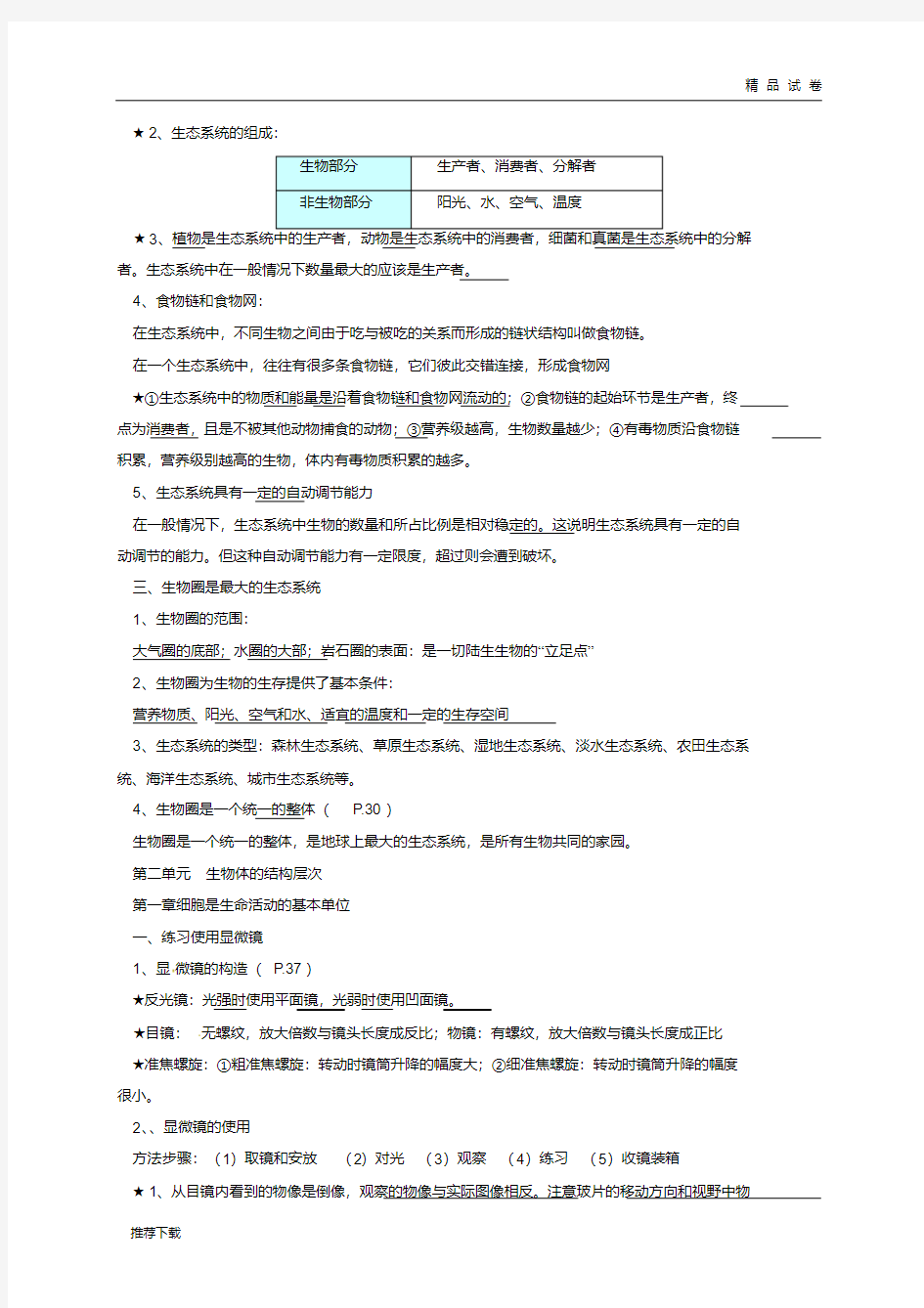 2019七年级生物上册复习资料(新版)新人教版