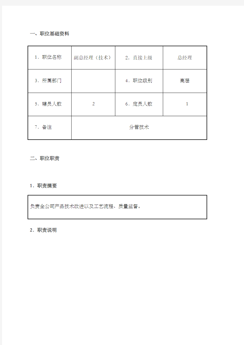 副总经理技术职位说明书