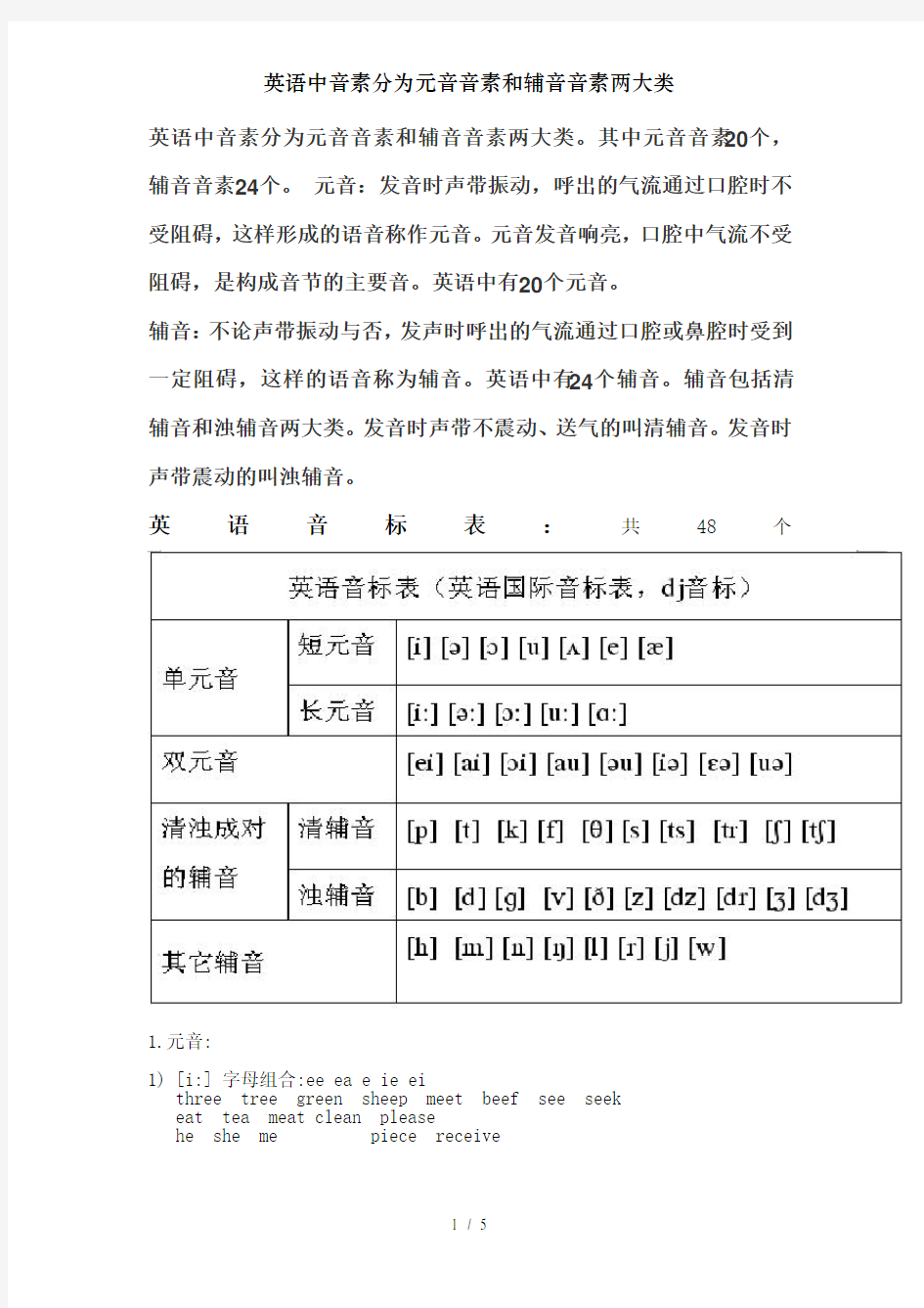 英语中音素分为元音音素和辅音音素两大类