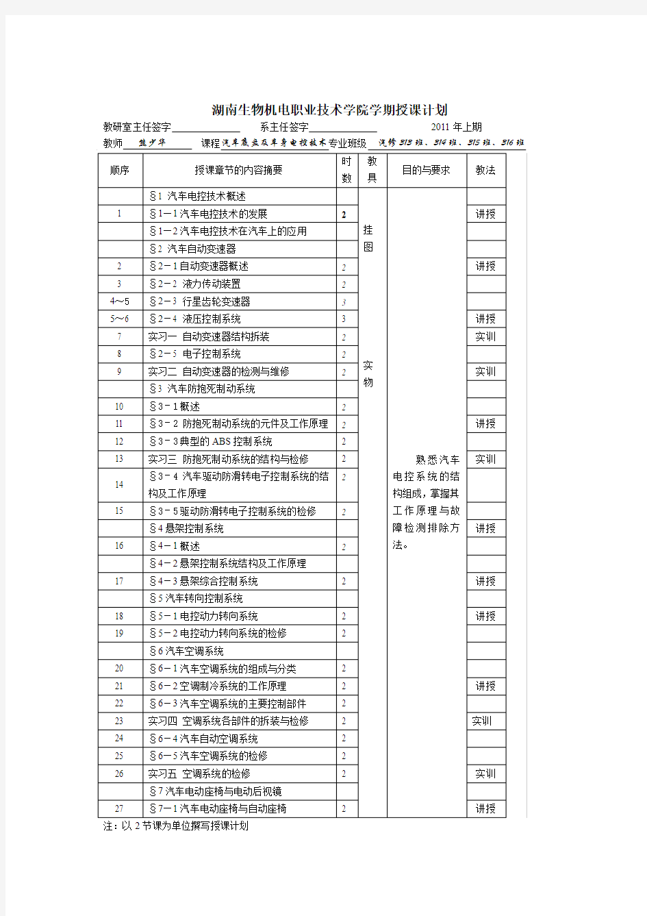 汽车底盘及车身电控技术授课计划