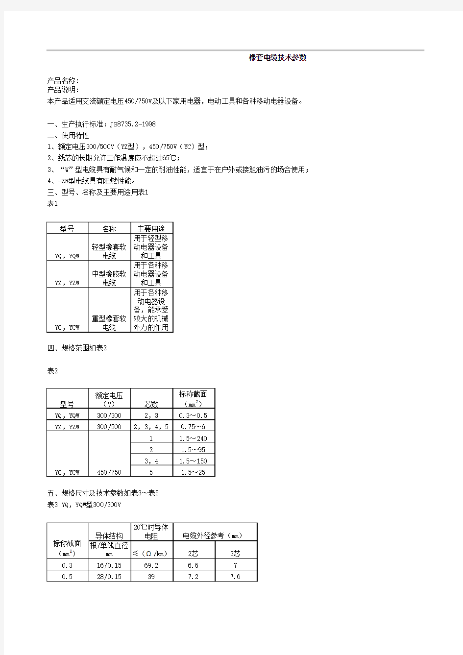 电缆参数表(全)