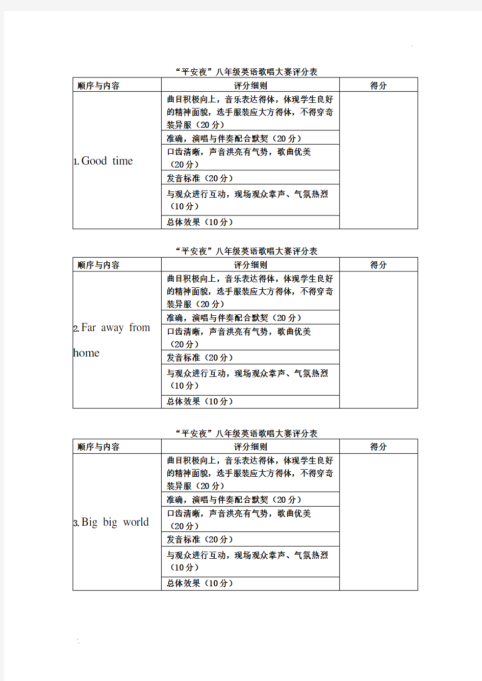 英语歌唱大赛评分表