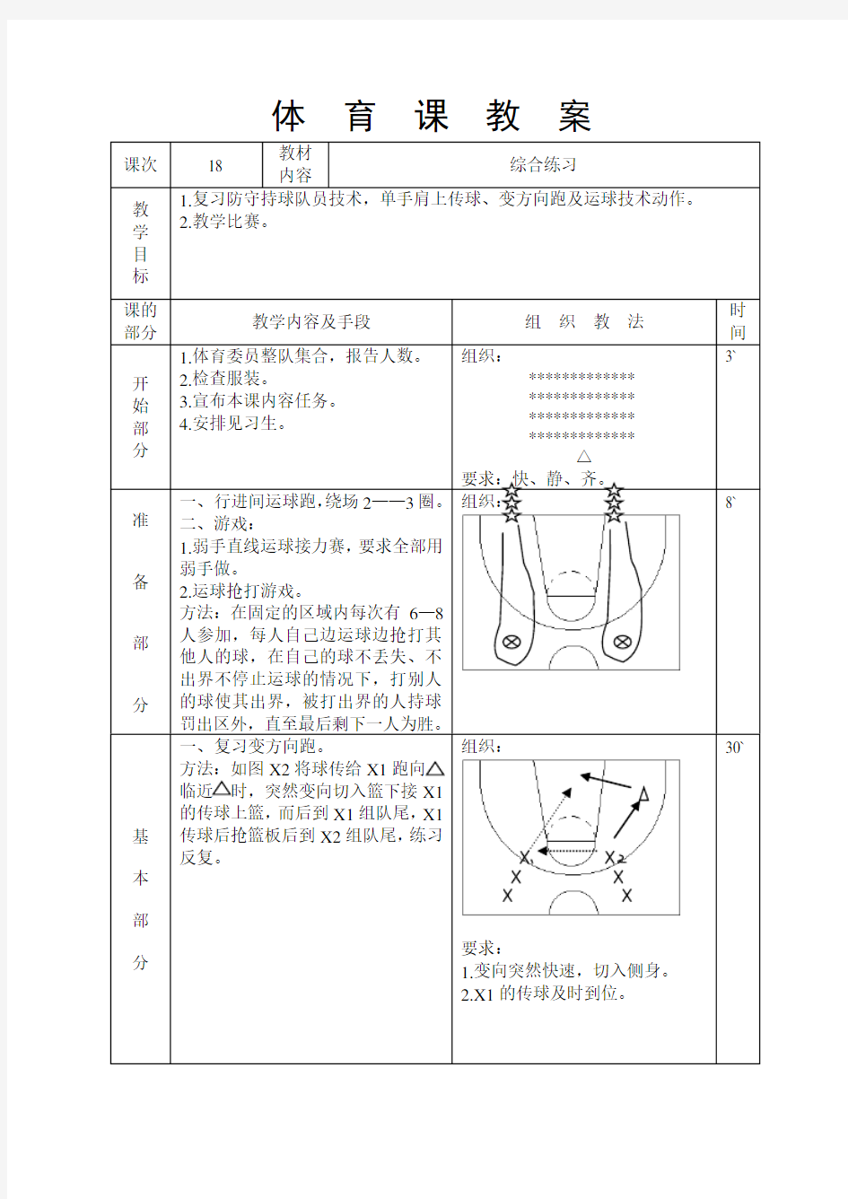 高中体育课时教案-篮球综合练习