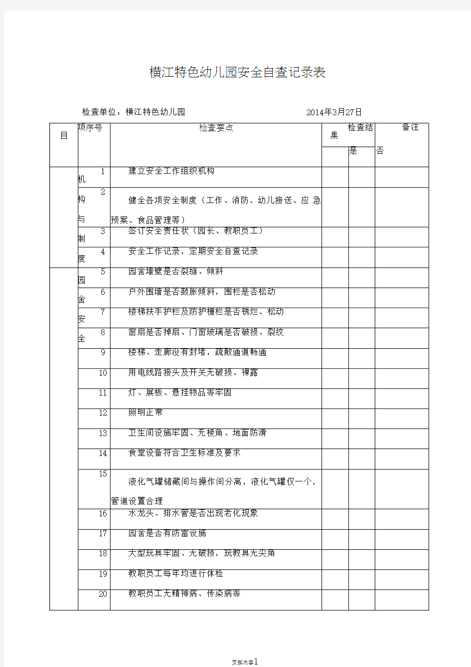 幼儿园安全自查记录表