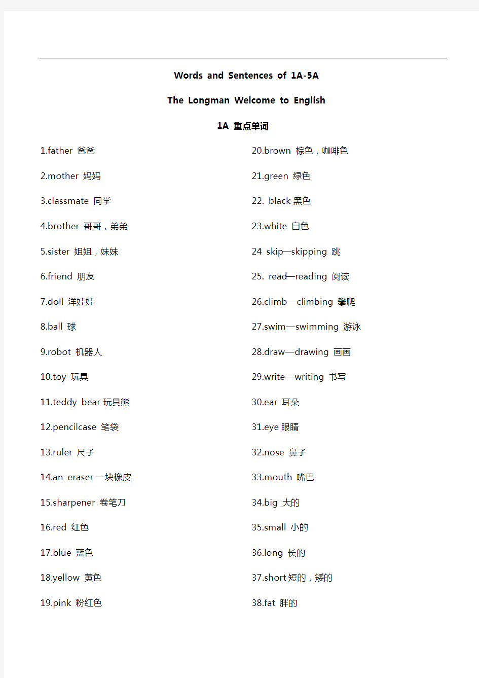 香港朗文英语1A-5A重点单词句型