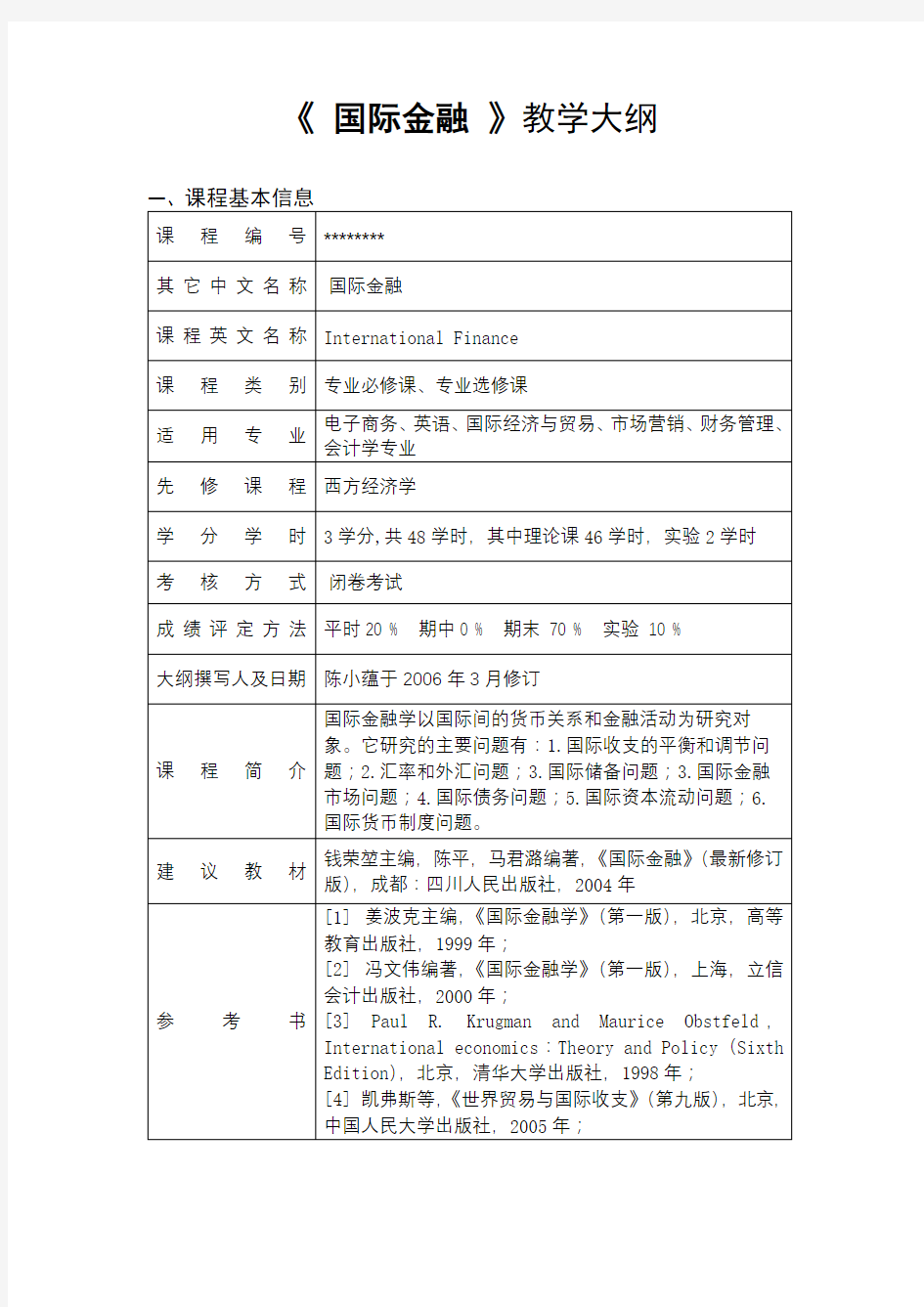 《国际金融》教学大纲【模板】