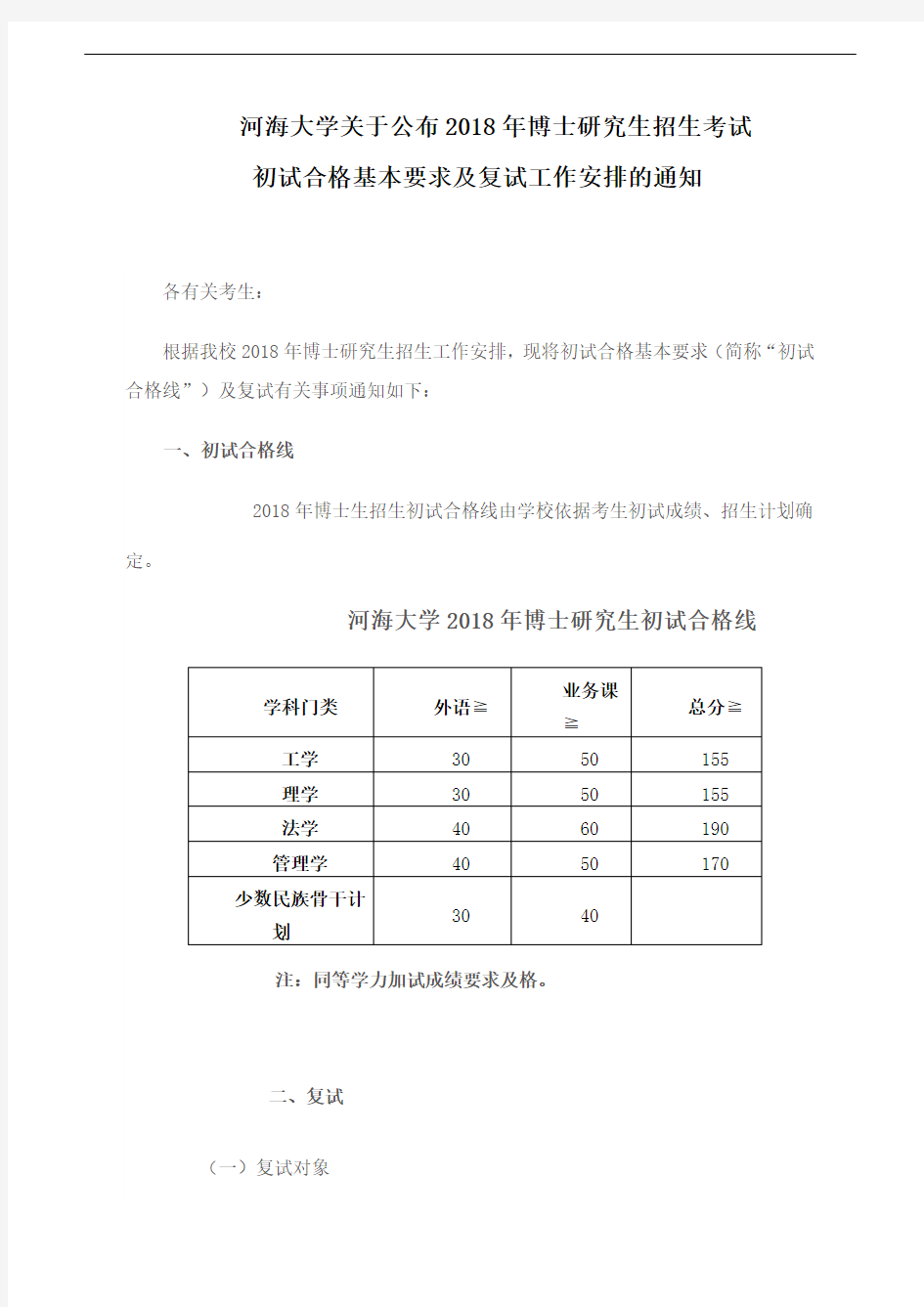 河海大学关于公布2018年博士研究生招生考试 初试合格基本要求及复试工作安排的通知