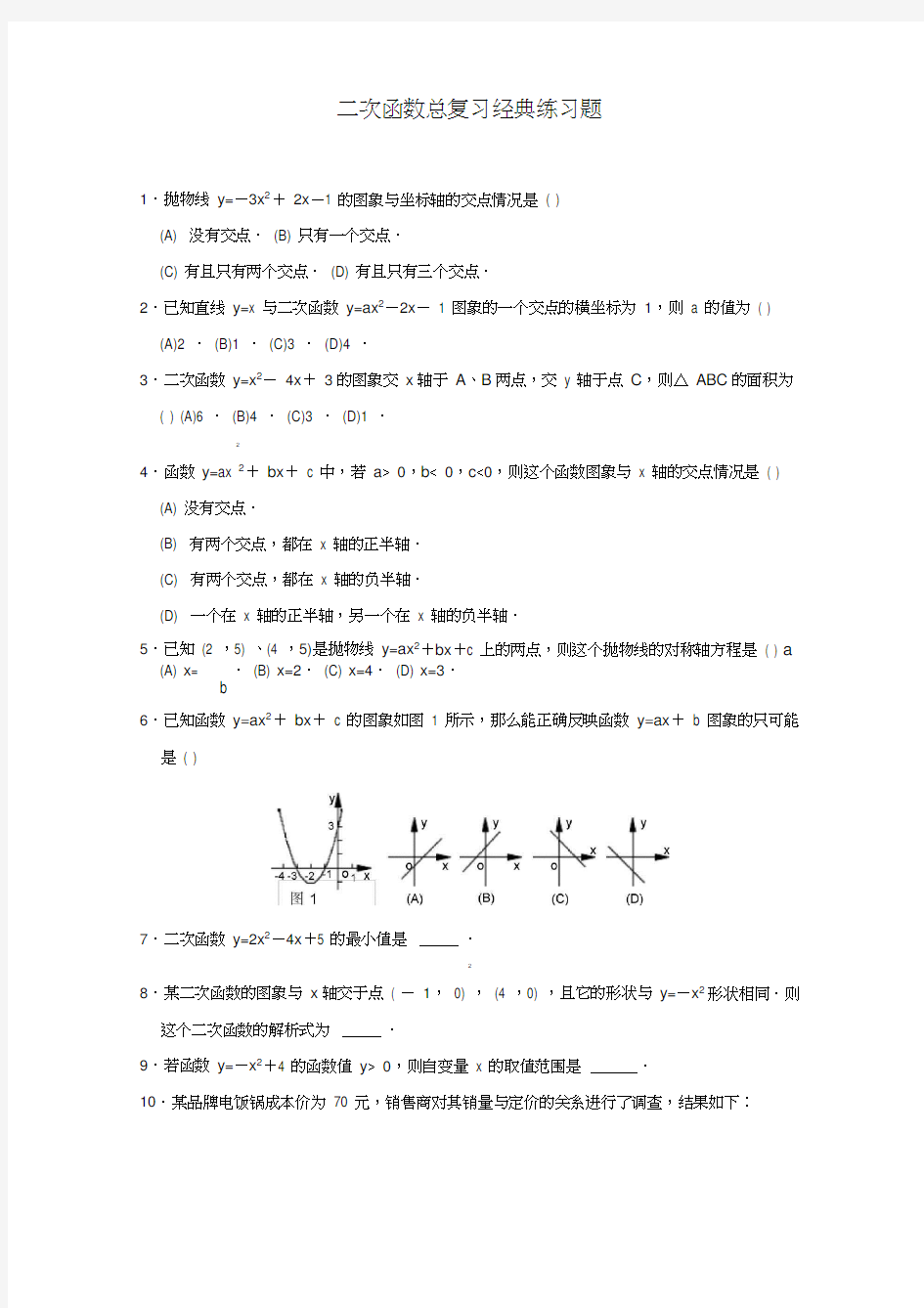 (完整版)初中数学二次函数专题经典练习题(附答案)