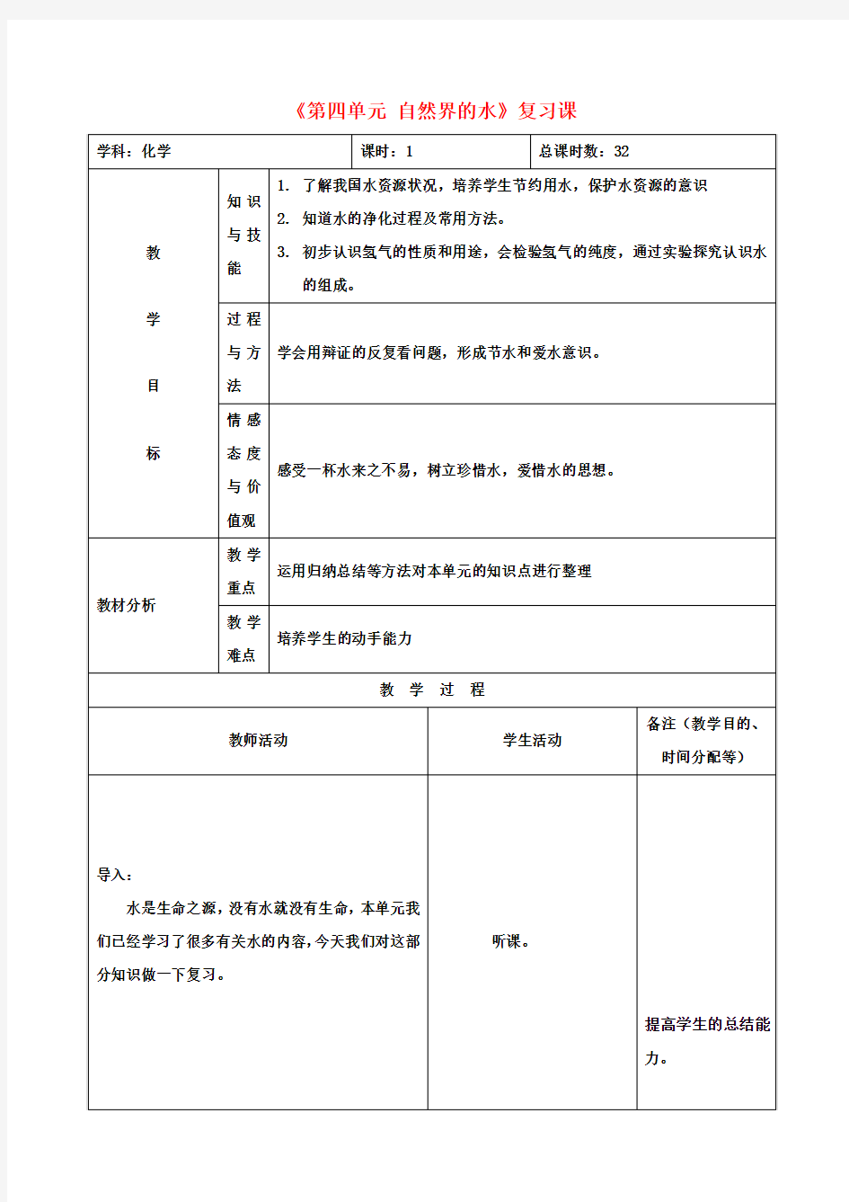 九年级化学上册《第四单元 自然界的水》复习课教案1 (新版)新人教版