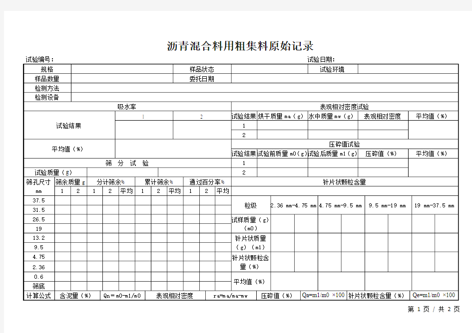 沥青混合料用粗集料原始记录