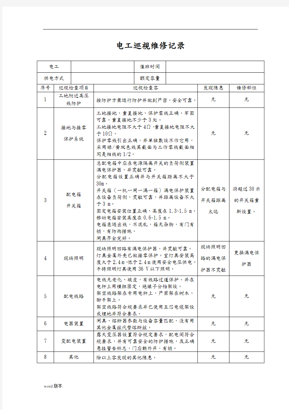 电工巡视维修记录表(含内容)