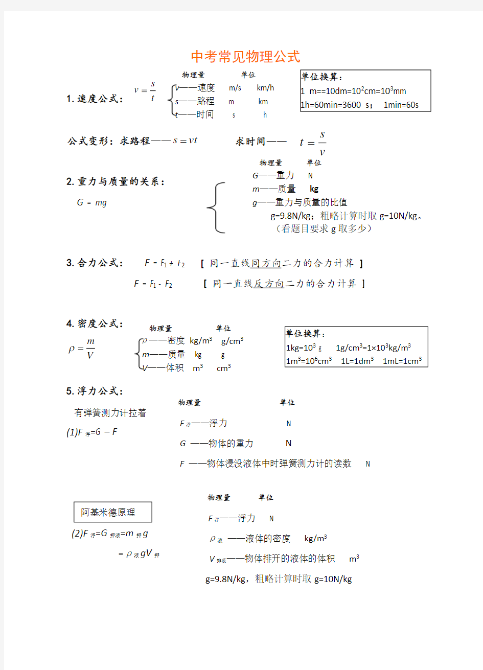 中考物理公式——必背