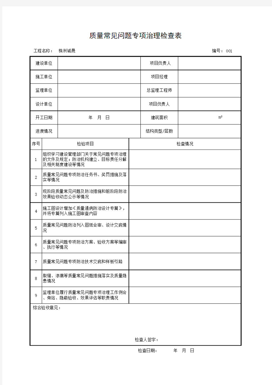 质量常见问题专项治理检查表