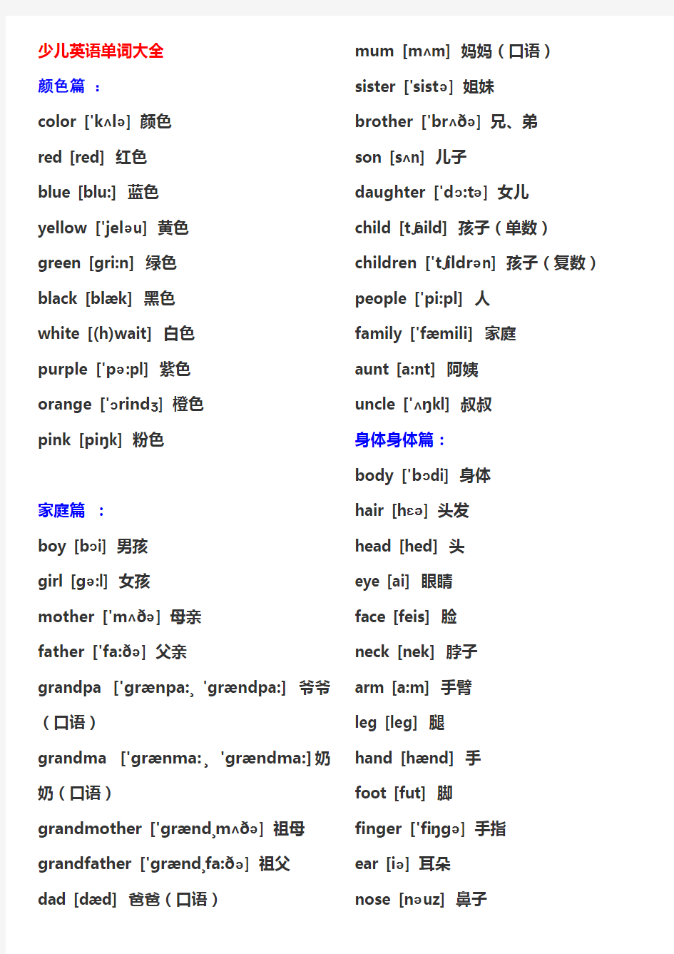 儿童英语单词大全