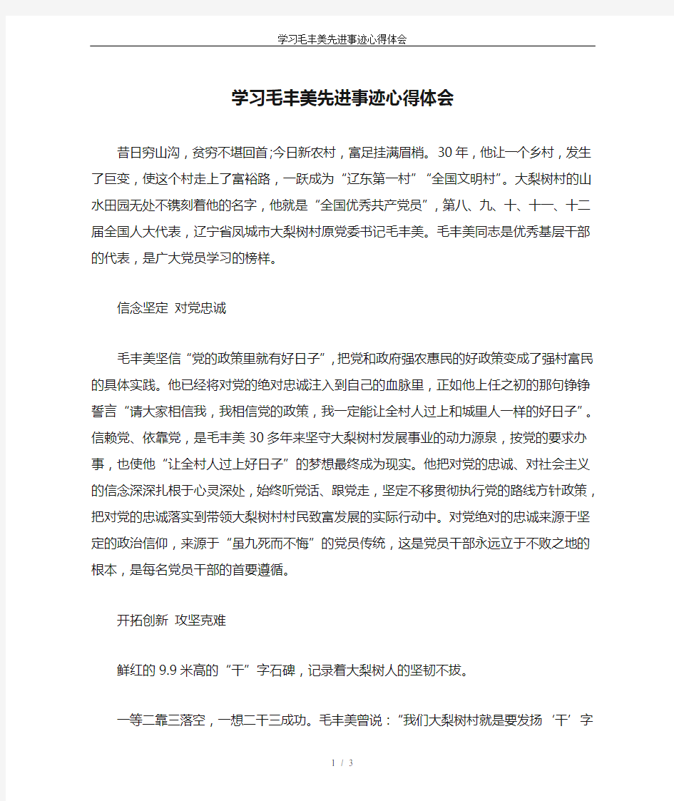 学习毛丰美先进事迹心得体会