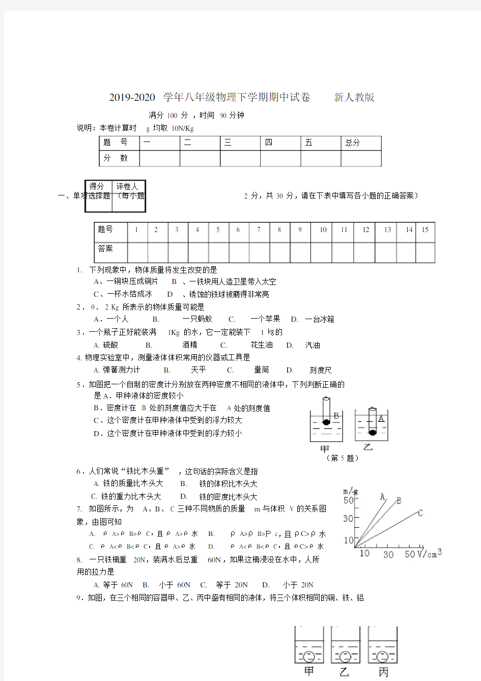 八年级物理下学期期中试卷新人教版.doc