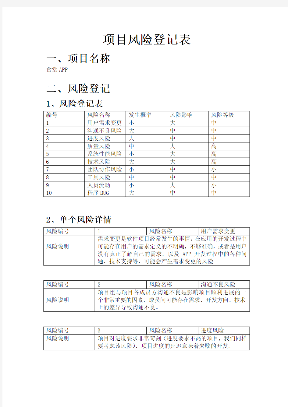 项目风险登记表