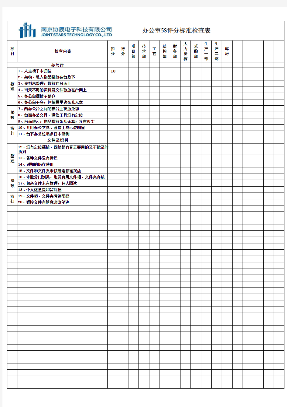 办公室5S评分标准检查表