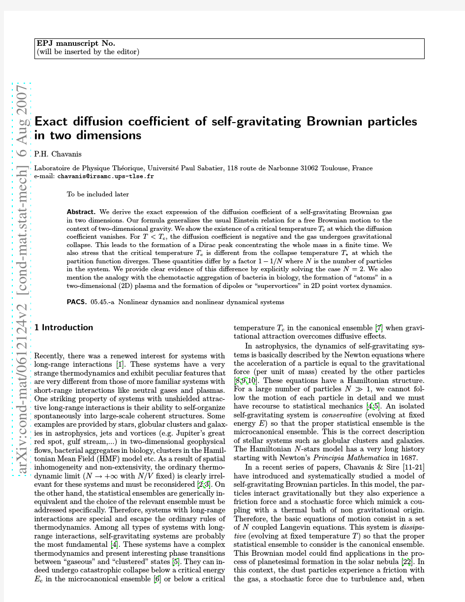 Exact diffusion coefficient of self-gravitating Brownian particles in two dimensions