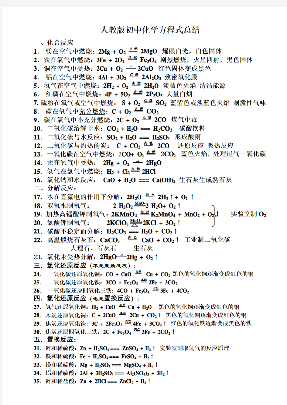 人教版初中化学方程式自己整理版