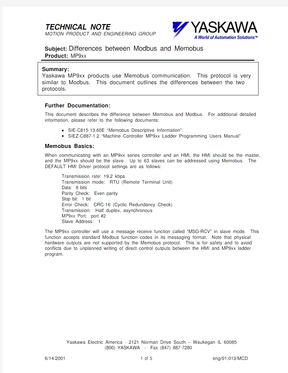 安川技术文档Modbus和 Memobus的区别