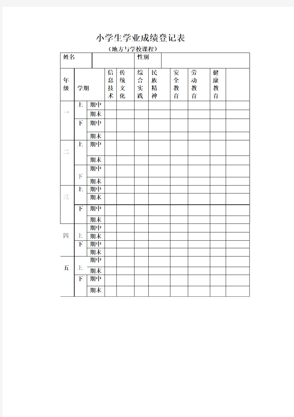 小学生学业成绩登记表