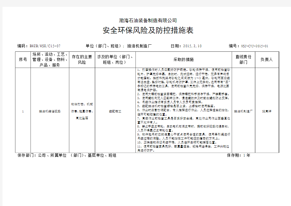 安全环保风险及防控措施表