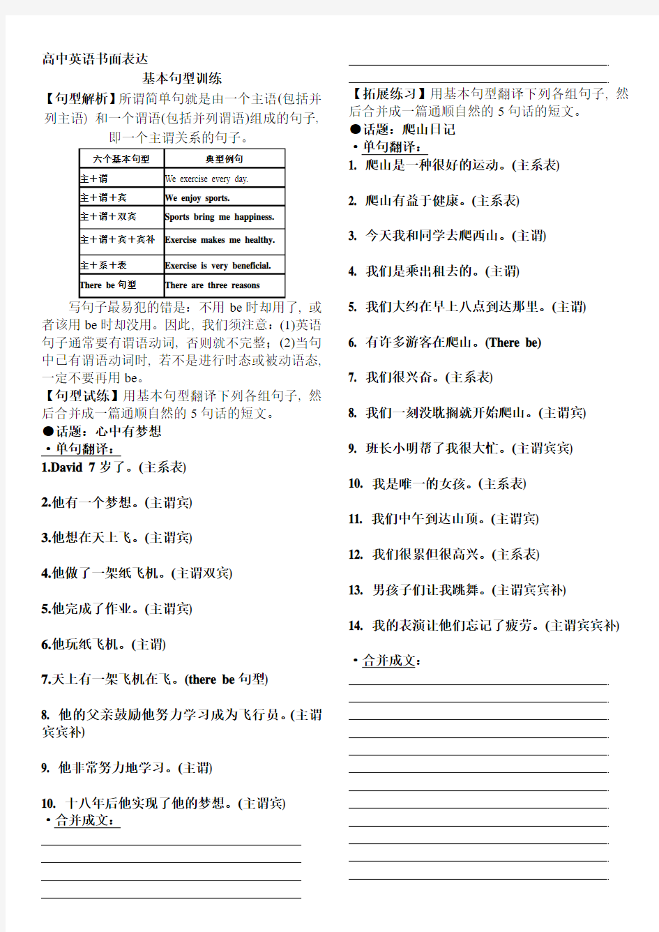 高中英语写作基本句型训练