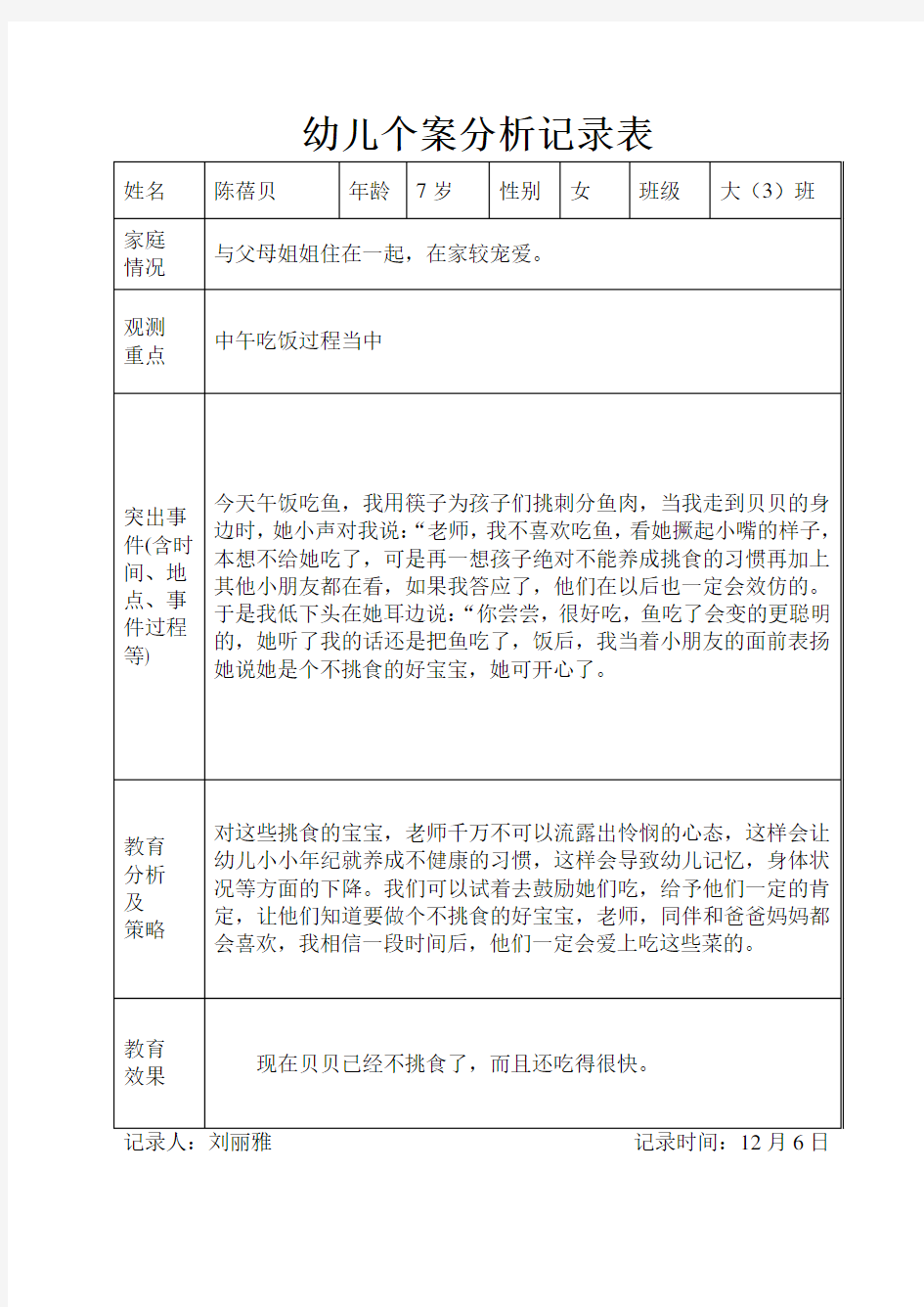 刘刘幼儿个案分析记录表