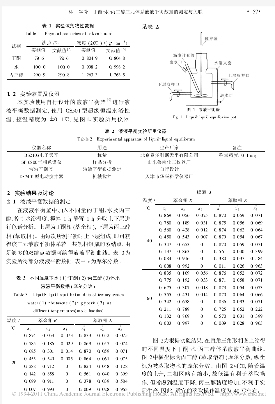 丁酮_水_丙三醇三元体系液液平衡数据的测定与关联