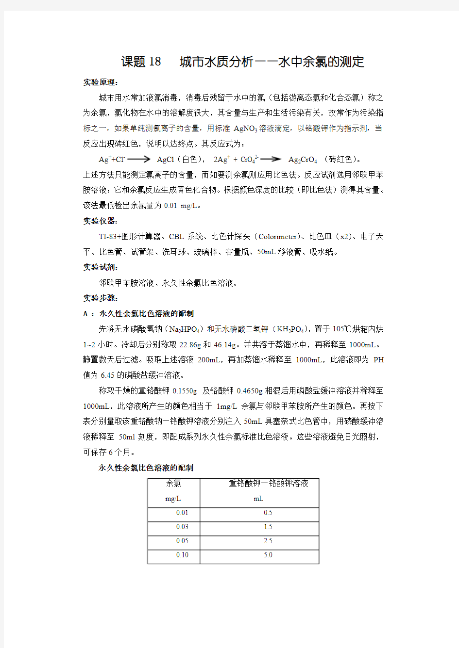 城市水质分析水中余氯的测定