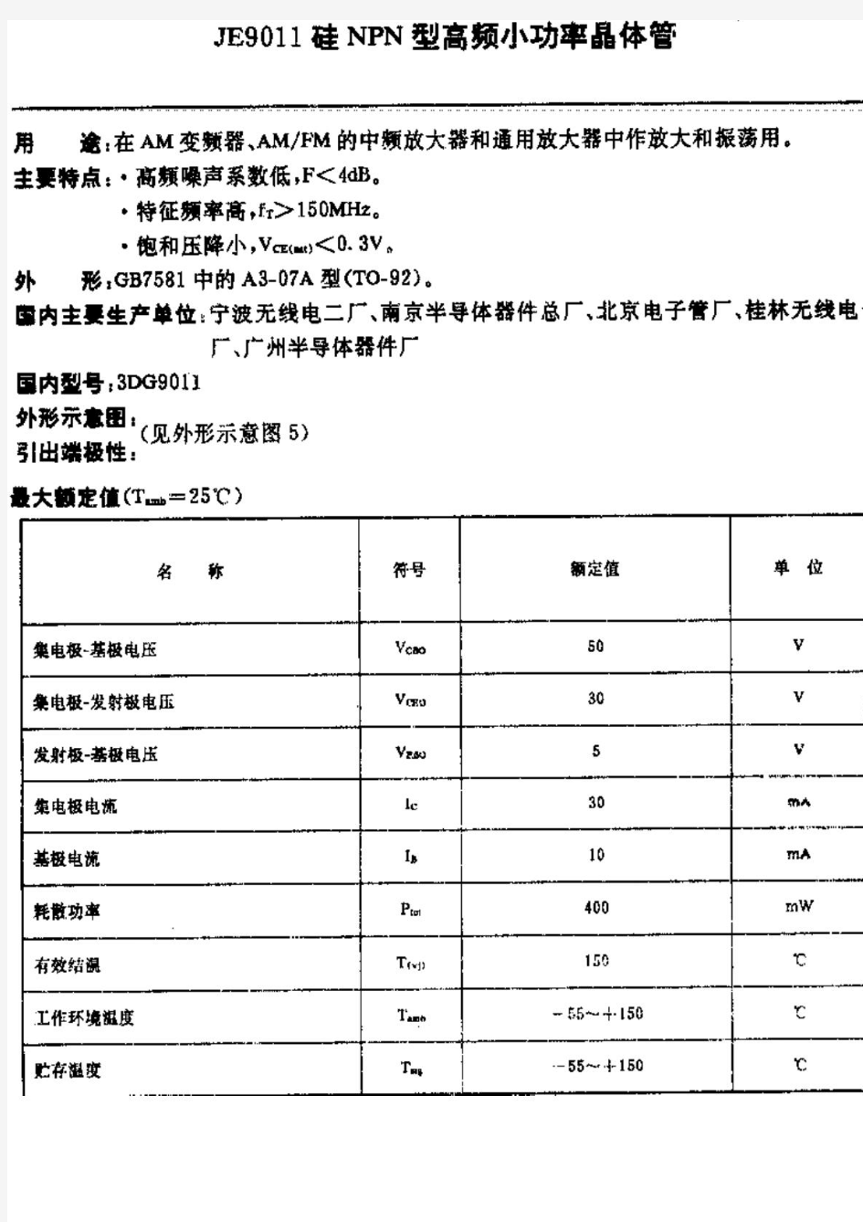 9011~9018三极管参数手册