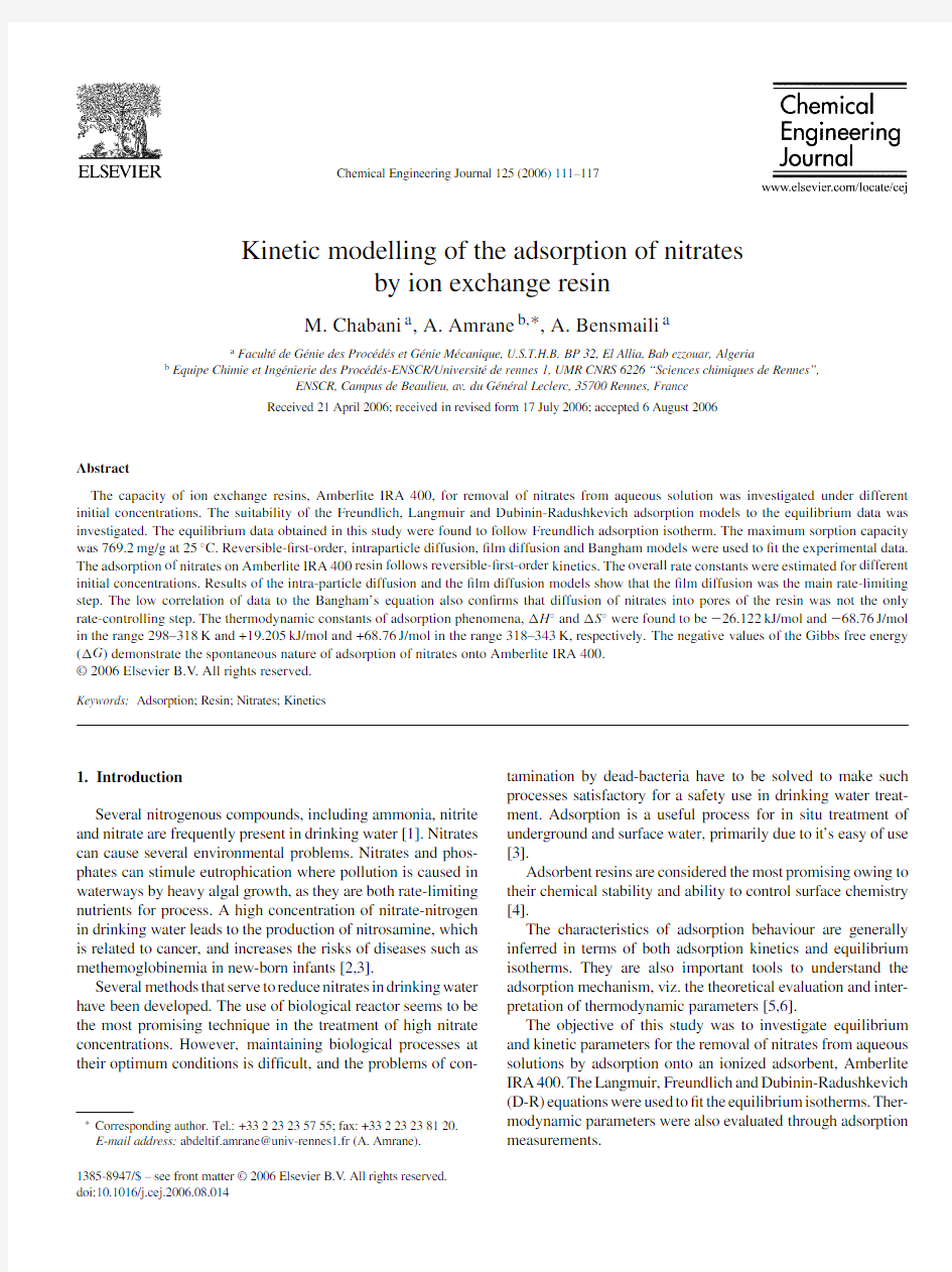 Kinetic modelling of the adsorption of nitrates