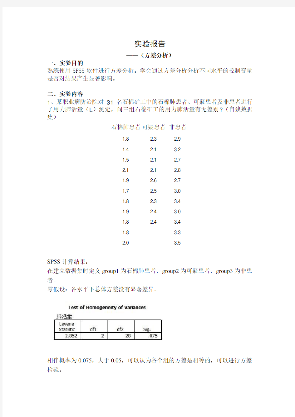 spss实验报告---方差分析