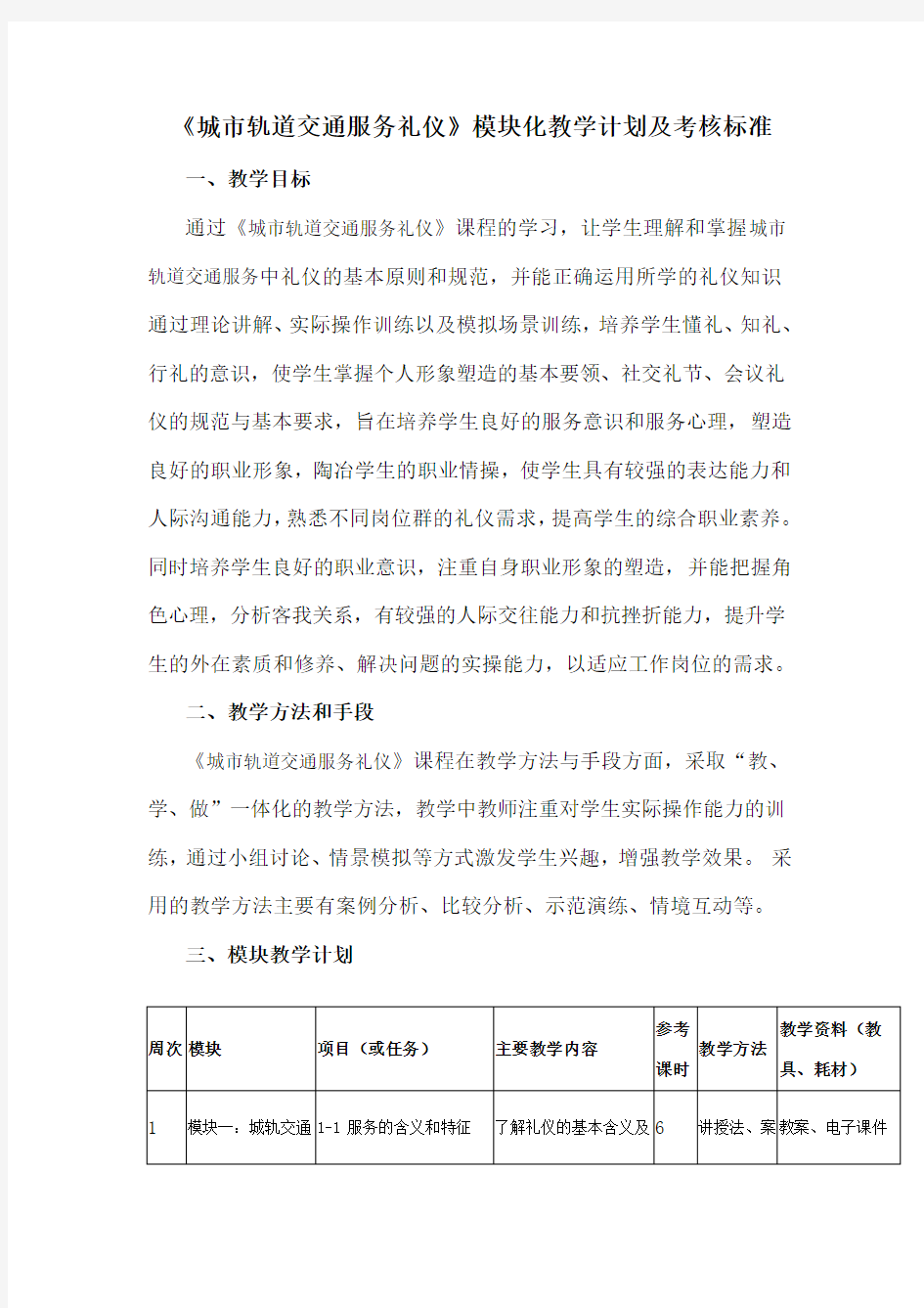 城轨服务礼仪模块教学计划