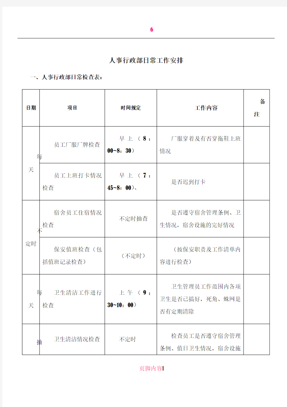 人事行政部工作检查表-日常工作计划