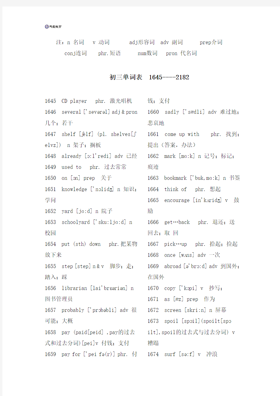 初中单词表初三英语课本九年级单词大全带音标