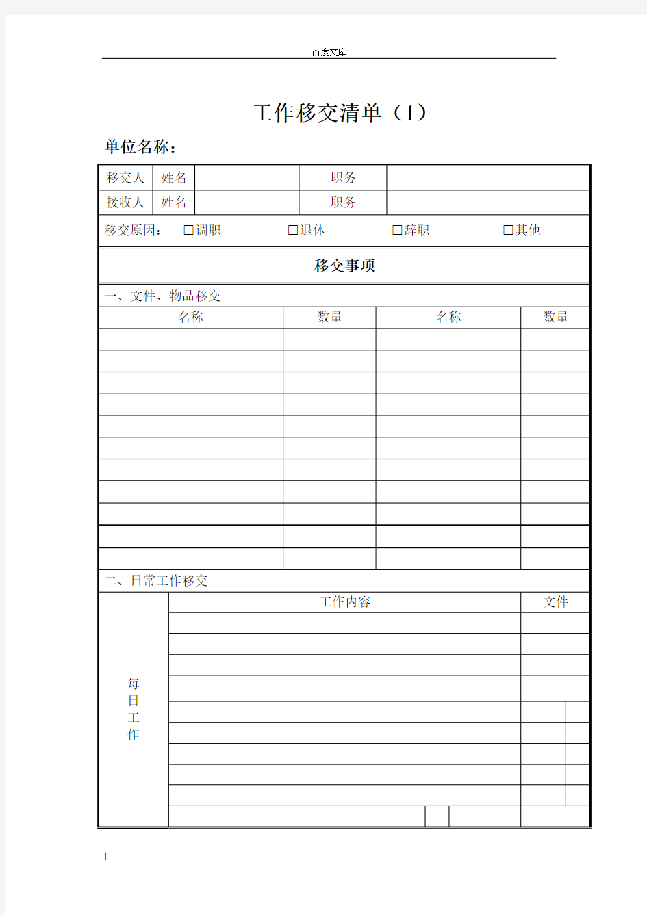 工作交接清单——标准模板