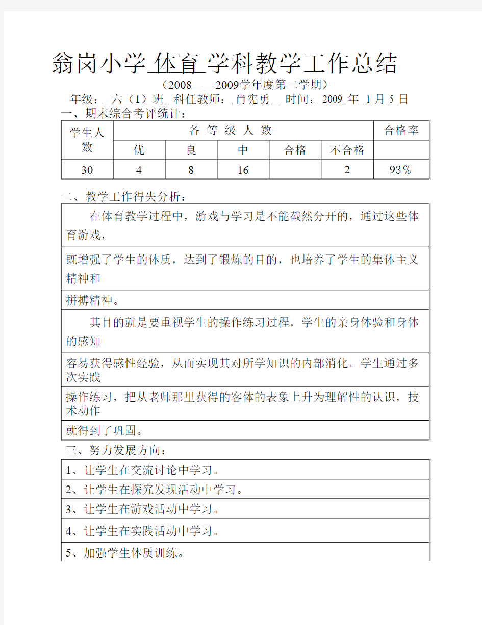 体育 学科教学工作总结