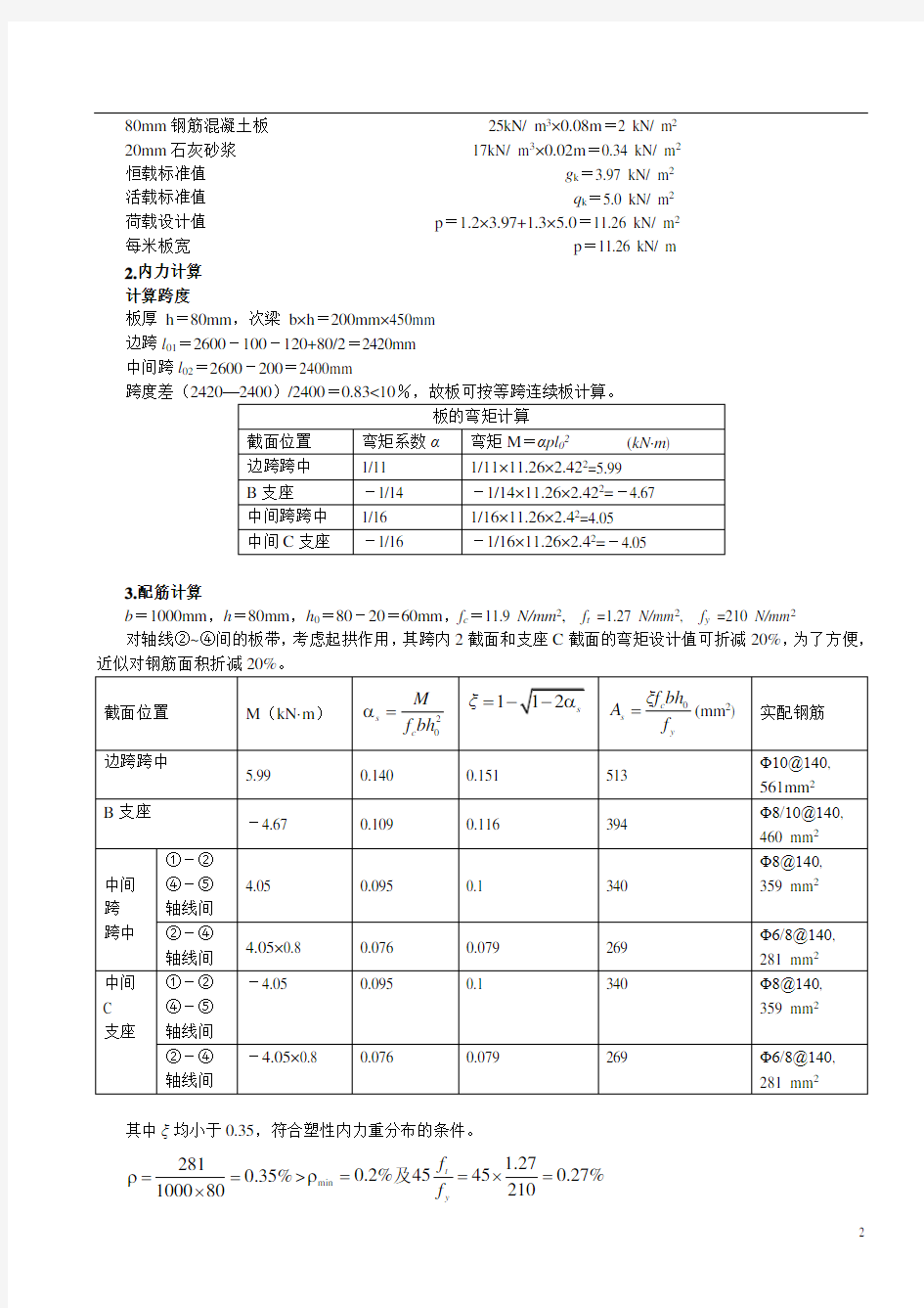 钢筋混凝土单向板肋梁楼盖课程设计计算书