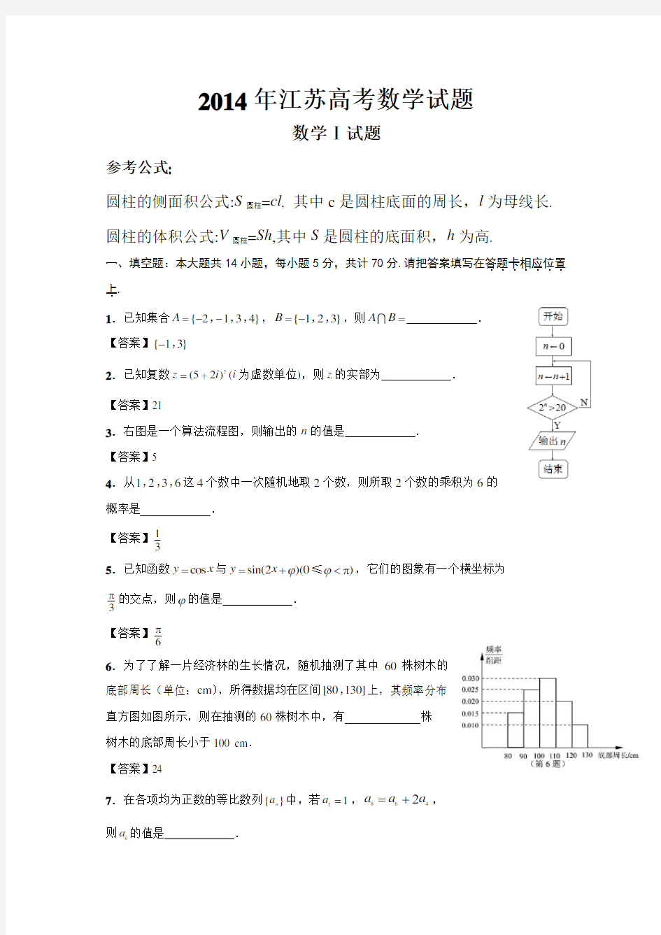 2014年全国高考江苏省数学试卷及答案【精校版】 