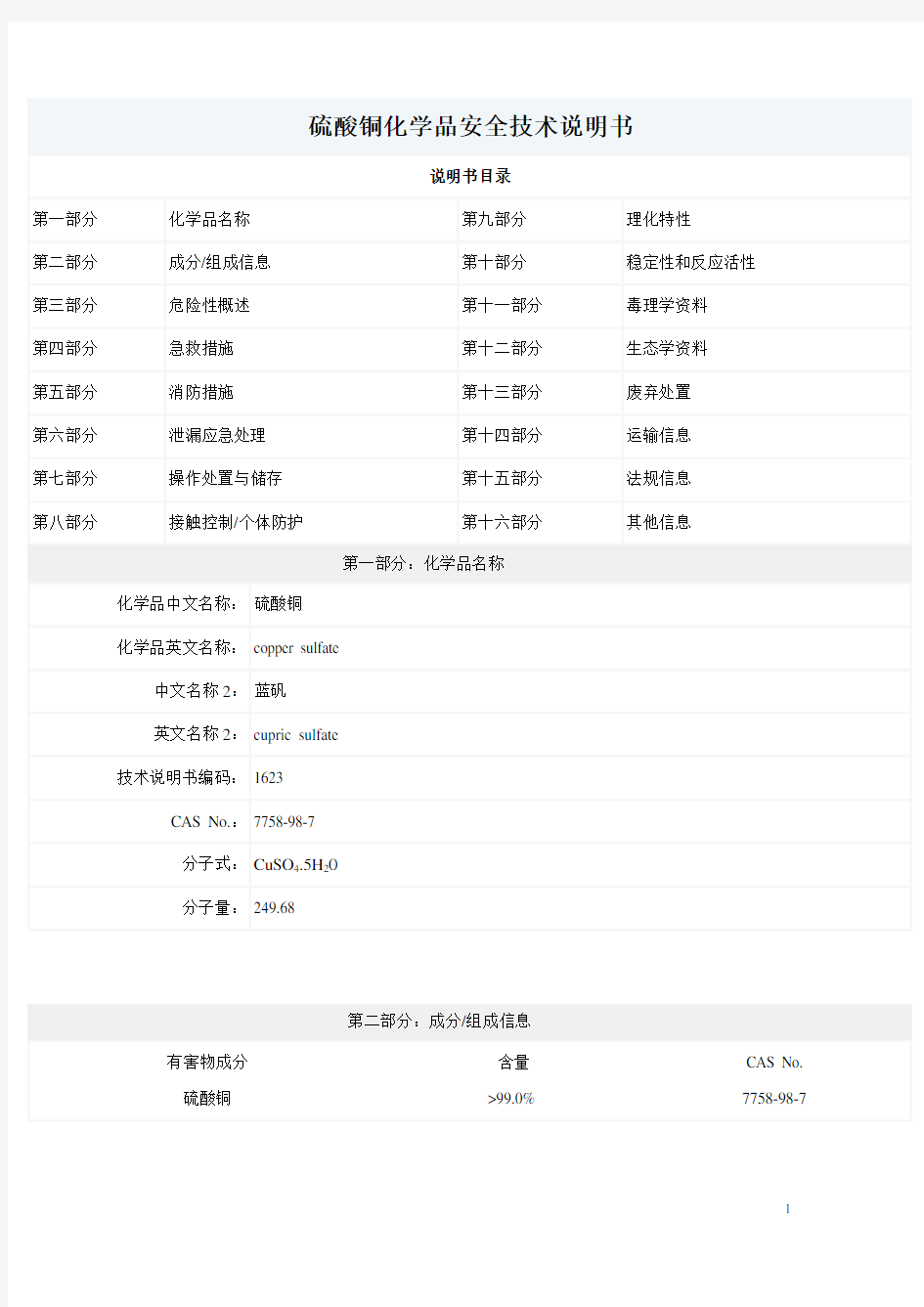硫酸铜化学品安全技术说明书