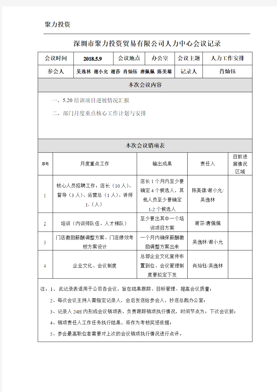 会议纪要：月度重点工作计划与分工