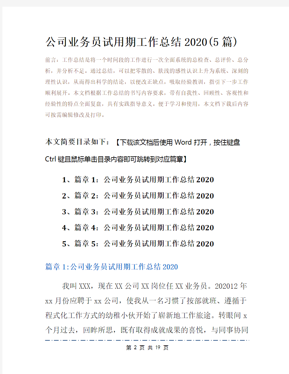 公司业务员试用期工作总结2020(5篇)