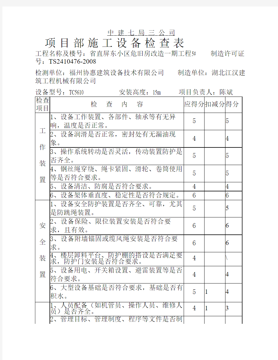 项目管理中心机械设备检查表