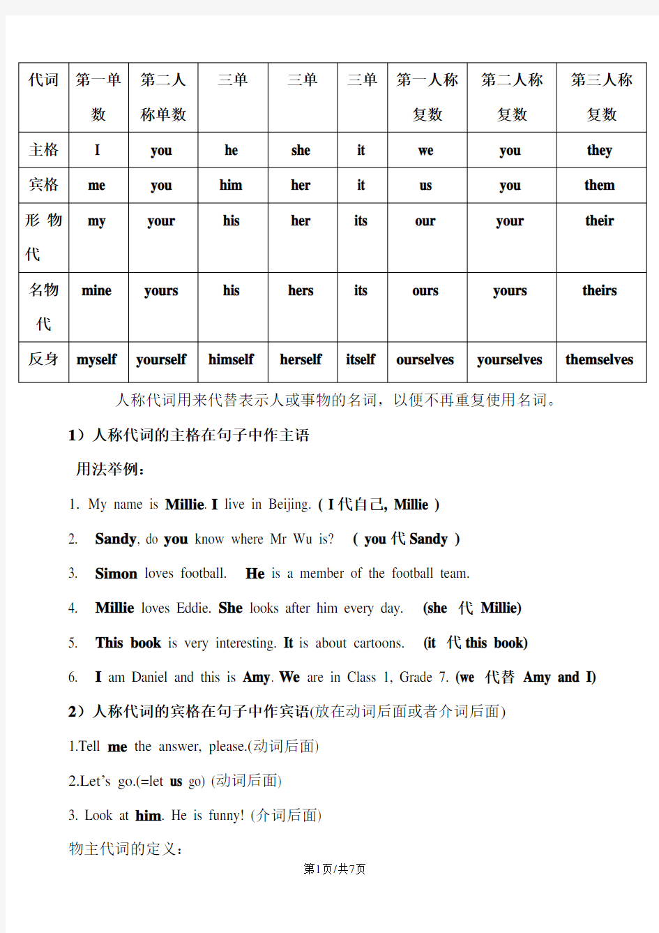 初中英语人称代词、物主代词练习题