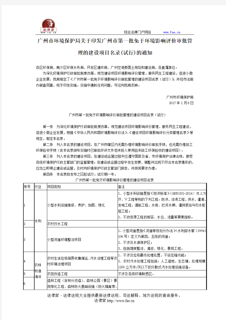 广州市环境保护局关于印发广州市第一批免于环境影响评价审批管理的建设项目名录(试行)的通知-地方规范性文